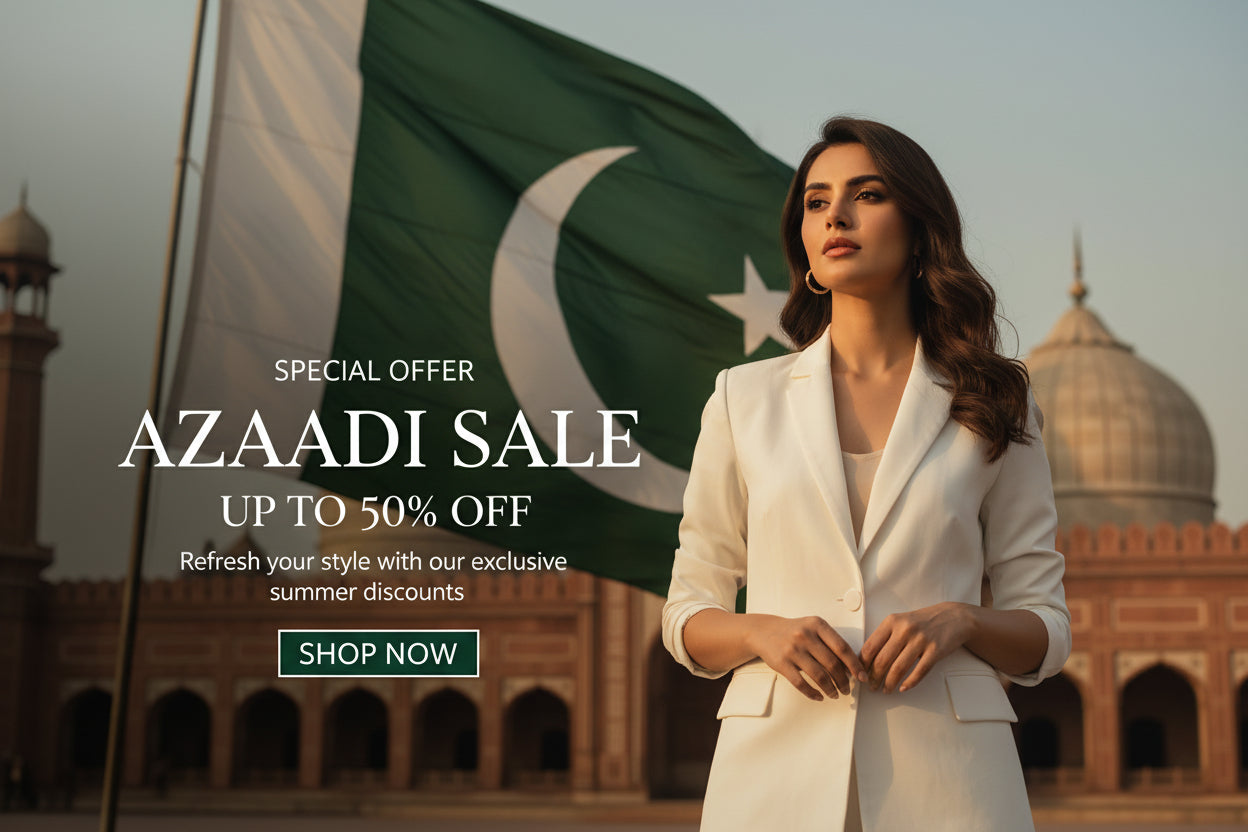 Woman in a white jacket with a Waving Pakistani Flag in background and text for a Azaadi sale.